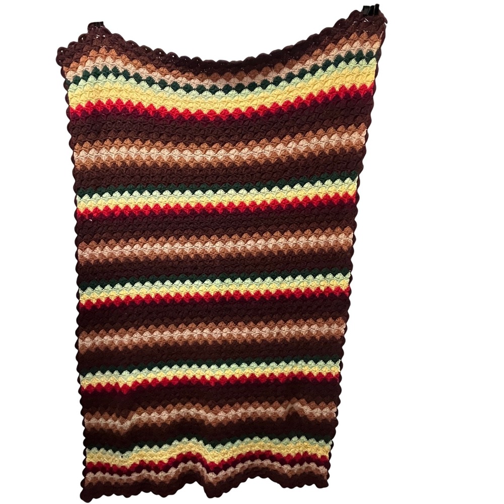 Vtg Handmade Crochet Afghan Throw Blanket Multi Color Striped MCM Colorful 44x67